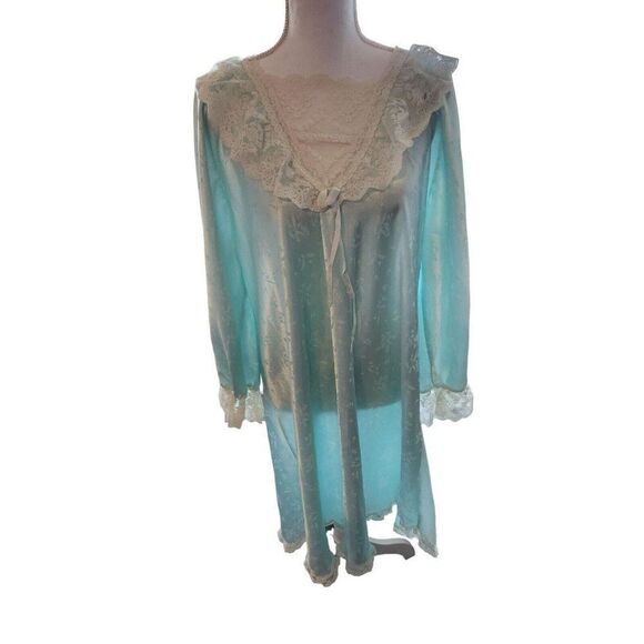 Vintage 80s Light Mint Green Nightgown Size M Lace Long Sleeve Nightie Romantic - Picture 1 of 6